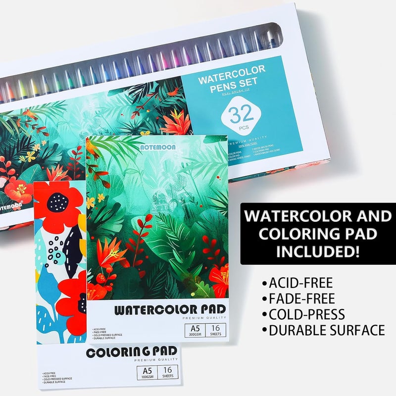 AOTEMOON 32 Watercolor Pens Set Includes 26 Vivid Colors, Real Brush Tips Paint Markers Set with 2 Blender Pens, Watercolor Pad and Coloring Pad, Art Supplies Gifts for Beginners Young Artists and Adults - Image 5